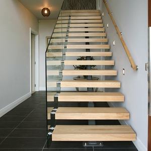 <span class=keywords><strong>Escalier</strong></span> flottant préfabriqué moderne en acier au carbone avec garde-corps en verre Bande de roulement en bois de hêtre/chêne mono poutre pour la conception d'escaliers d'intérieur de maison - Product Image 2