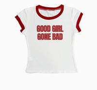 Camiseta Corta Personalizada Estilo Y2K 'GOOD GIRL GONE BAD' |   Cuello redondo, mangas regulares, corte ajustado, estampado liso, poliéster serigrafiado