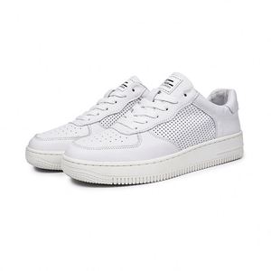 Baskets en cuir pleine fleur blanc perforé à bout rond, à lacets, avec semelle extérieure en caoutchouc strié, respirantes, pour la marche quotidienne décontractée - Product Image 1