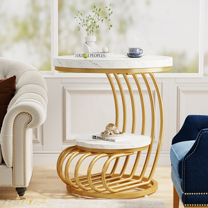 Accento moderno <span class=keywords><strong>rotondo</strong></span> in legno <span class=keywords><strong>finto</strong></span> <span class=keywords><strong>marmo</strong></span> oro bianco tavolino con spazio di archiviazione per soggiorno camere da letto - Product Image 3