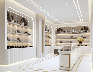 Modern <b>White</b> Jewelry Display Cabinet with LED Strip Lights Tiered Shelves Glass Back Retail Store Showcase - Product Image 4