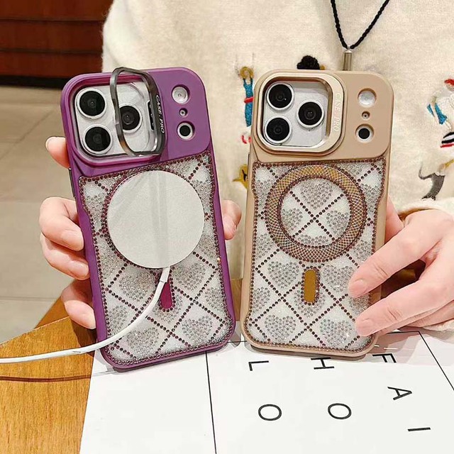 MOQ500 shiny diamond magnetic cover for iPhone camera protector case,wireless charger lens bumper stand case for iPhone 17 16 15