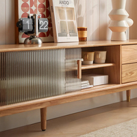 Meuble TV moderne en bois massif de chêne avec portes coulissantes en verre |   Meuble de rangement pour téléviseur et appareils électroniques pour le salon