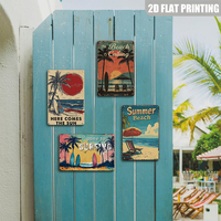 Plaque Métallique Décorative Murale Rétro Thème Plage et Surf (Palmier, Planche de Surf) pour Maison de Plage, Patio, Bord de Piscine, Bar, Décoration Murale Domestique