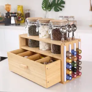 Bamboo Tea and Coffee Organizer for Countertop with Tea Bags Drawer Coffee Tea Bar Organizer with Airtight Glass Containers