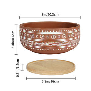 Jardinière succulente en terre brute, plateau en bambou, Pot à bonsaï rond et peu profond - Product Image 6