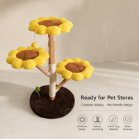 Arbre à chat en bois massif avec griffoir en sisal, trois plateformes tournesol, coussins en peluche, design minimaliste en carton, 107 cm, pour chats
