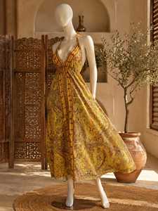 Women's Silk Floral Halter V-neck Floor-Length Chiffon Woven Summer Boho <b>Beach</b> Flowy A-Line Dress Holiday Celebration - Product Image 5