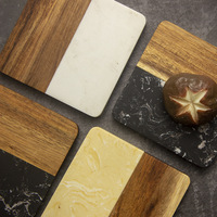 Table Basse de Salon en Bois d'Acacia Blanc et Marbre Noir, Plateau Rond ou Carré avec Support pour Boissons