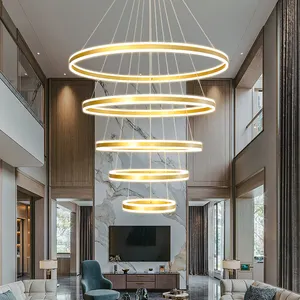 2024 acrylique pendentif lumières Led lustre moderne salon escaliers plafond chambre décoration luxe cercle maison or