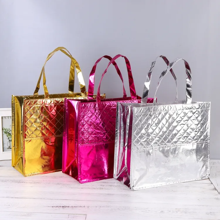 Оптовая продажа, роскошная металлическая ламинированная Нетканая сумка с логотипом, многоразовая сумка для покупок
