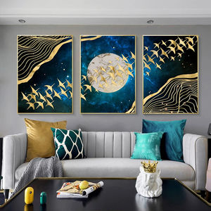 Pájaros voladores dorados, cielo azul, arte moderno, pintura de naturaleza muerta abstracta, <span class=keywords><strong>cuadro</strong></span> combinado para decoración para sala de estar, pintura en lienzo - Product Image 2