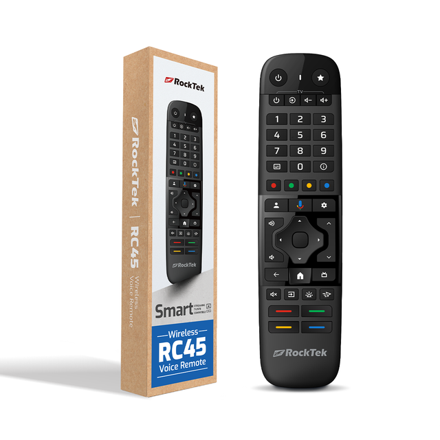 Rocktek RC45 Fixed Code Waterproof Smart IR Remote Voice Control Built-in Air Mouse 10m Range ABS Material for Google TV Box