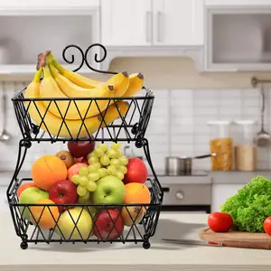 Cesta de almacenamiento de frutas de 2 niveles, soporte desmontable de alambre de Metal para cocina, pan, verduras, granja, Bol