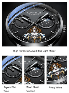 Đồng hồ Retro dành cho nam, máy cơ tự động lên dây cót, khắc họa tiết, tourbillon, lịch tuần trăng, kim giây độc lập, mặt lộ máy, tự động, mặt số lớn - Product Image 5