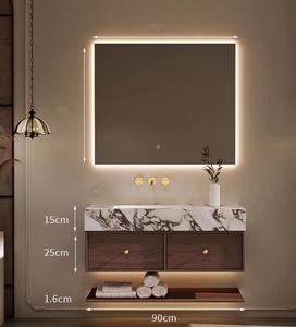 Mid-Century <b>Floating</b> Bathroom Cabinet Walnut Wood, Black White Seamless Sintered Stone Basin - Product Image 3