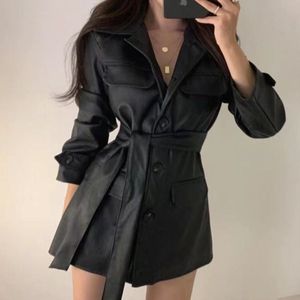 Manteau <span class=keywords><strong>trench</strong></span> en similicuir PU pour femme, ceinturé, col pointu, poches à rabat, manches longues, style urbain - Product Image 4