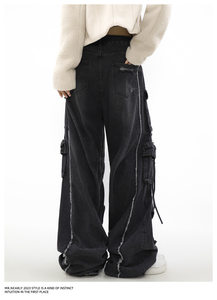 Pantalones Vaqueros de Mezclilla Negros <span class=keywords><strong>Cargo</strong></span> Rotos Estilo Y2K Desgastados Holgados de Pierna Ancha Recta con Ocho Múltiples Bolsillos para <span class=keywords><strong>Mujer</strong></span> - Product Image 4