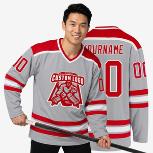 Custom Ice Hockey Jersey Gray Red V-Neck Full Sleeve Sublimated Print 3D Front Moisture Wicking Quick Dry Unisex Adult 100% - Product Image 1