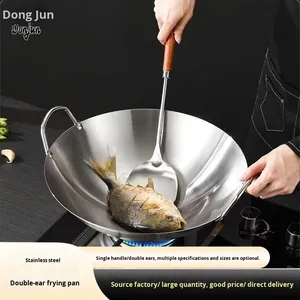 <span class=keywords><strong>Wok</strong></span> de Acero Inoxidable con Doble Asa y Base Cruzada, Olla de Cocina con Mango de Madera, Suministro Comercial Específico para Hoteles - Product Image 5