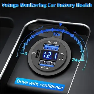 Chargeur USB à trois ports 12V/24V, double prise USB 18W QC 3.0 et 20W PD USB-C pour voiture et moto avec voltmètre et interrupteur d'alimentation - Product Image 6
