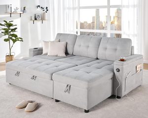 Sofá <span class=keywords><strong>Cama</strong></span> Extraíble <span class=keywords><strong>con</strong></span> <span class=keywords><strong>Chaise</strong></span> de Almacenamiento Sofá <span class=keywords><strong>Cama</strong></span> Multifuncional <span class=keywords><strong>con</strong></span> Puertos de Carga USB y Portavasos - Product Image 6