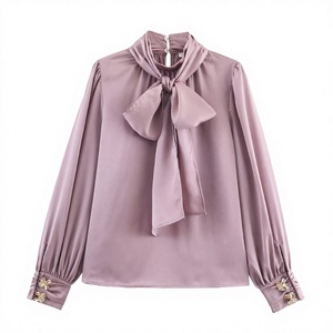 TAOP&ZA Nouvelle Collection Hiver 2025 – Blouse Vintage en Soie Satinée à Boutons, Respirante, Simple, avec Nœud Papillon et Col Montant à Manches Longues - Product Image 3