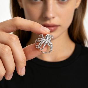 Bague ajustable en acier inoxydable pour femme, motif pieuvre, série Océan, au design audacieux et unique, inaltérable - Product Image 2