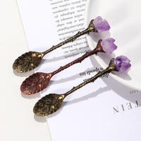 Cuchara de Té de Metal Feng Shui con Cristal de Cuarzo Rosa Curativo, Cuchara de Café de Amatista Tallada con Mango Largo y Energía Espiritual