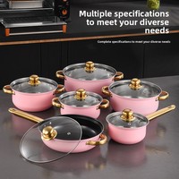 Ensemble de 12 ustensiles de cuisine antiadhésifs en acier inoxydable avec poignées dorées, couvercles en verre, compatibles induction, style moderne et minimaliste