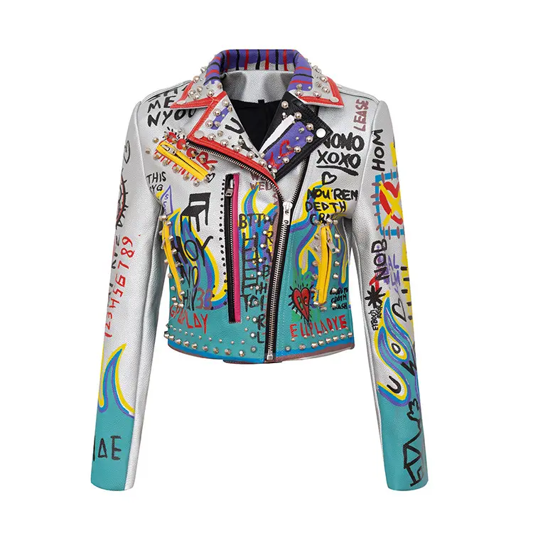 Vêtements> Vêtements pour femmes> Costumes pour femmes Faux cuir Pu moto Graffiti imprimé Rivet Punk Style manteau court veste en cuir