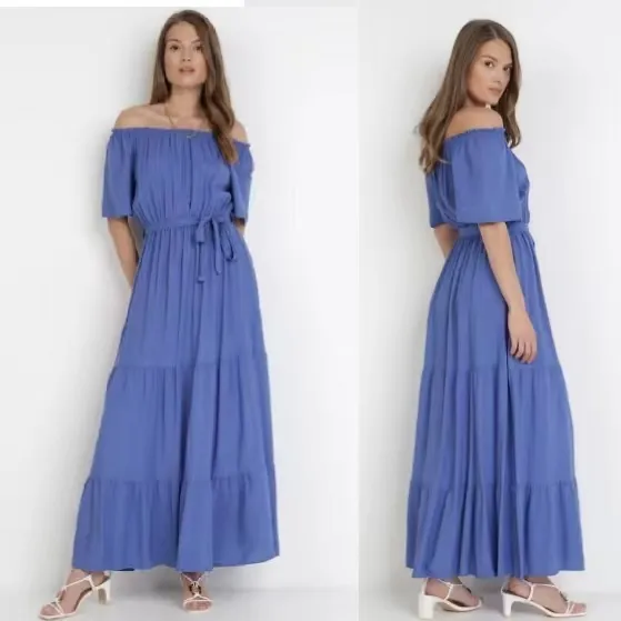 Summer new fashion word waist waist short sleeve long dress for women