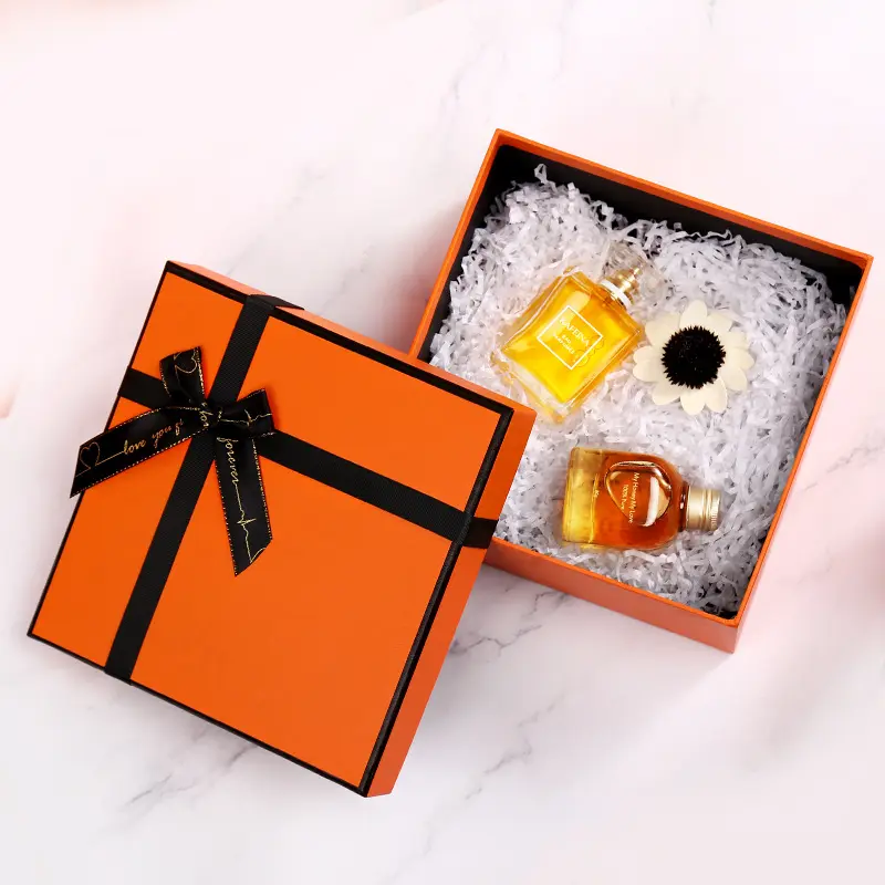 Caixa de presente de aniversário laranja para cosméticos, batom, lenço de seda, caixa de presente com tampa, toalha de mão, embalagem vazia
