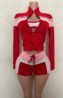 Ensemble 3 Pièces Vêtements d'Été Femme, Survêtement Streetwear Personnalisé Bralette Sport, Veste et Short Bicolores pour Femme
