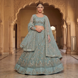 Conjunto de Lehenga Choli de Lujo en Azul Pastel con Lentejuelas y Bordado Zari, Manga Larga, para Bodas Indias y Pakistaníes, Ropa de Invierno, 3 Piezas - Product Image 1