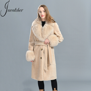 Wholesale Winter Sheep Shearling Fluffy Lamb <strong>Woolen</strong> Jacket Belt Thick <strong>Women</strong> Trench Luxury <strong>Long</strong> Lamb Wool <strong>Coat</strong> With Real Fox Fur - Product Image 2