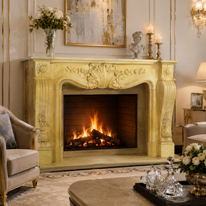 Traditional Marble <b>Fireplace</b> Mantel With Ornate Carving Golden Jade Stone Indoor Wood Burning Hearth For Dining Room - Product Image 1