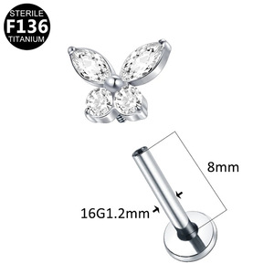 Boucle d'oreille en zircon papillon 16G 1,2 mm 8 mm en titane pur, bijoux de piercing unisexe - Product Image 1