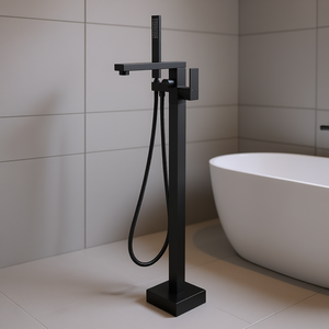 Grifo de Bañera Independiente Monomando Negro Mate, de Latón, con Soporte de Suelo y Rociador de Lluvia, Diseño Minimalista de 37.6 Pulgadas - Product Image 2