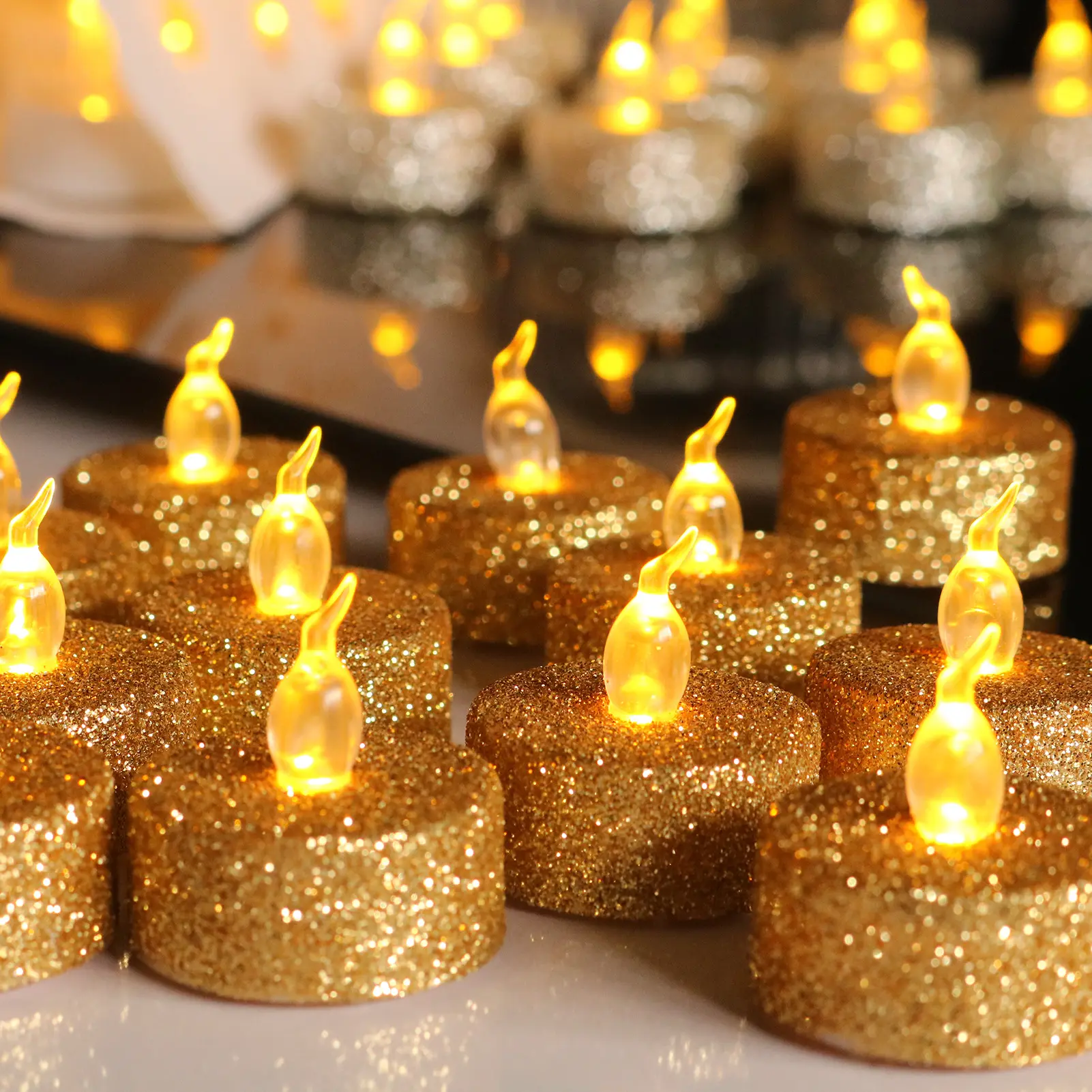 Natale oro argento Glitter a batteria caldo sfarfallio bianco Led Tealight candele per decorazioni