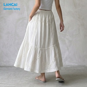 Boho Embroidered <strong>Skirt</strong> Verified Supplier OEM ODM Service Custom <strong>White</strong> Elastic Waist Tiered <strong>Maxi</strong> <strong>Skirt</strong> For Women Beach Wear - Product Image 4