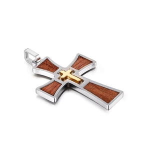 <span class=keywords><strong>Collier</strong></span> pendentif hip-hop en acier inoxydable inaltérable et étanche, croix religieuse chrétienne en bois grainé - Product Image 5