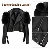 Nouvelle veste en cuir courte noire pour femmes, style streetwear, en cuir d'agneau véritable avec fourrure de renard véritable