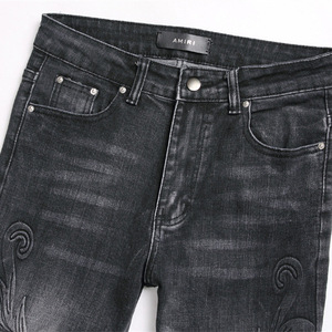 Jeans de Mezclilla para Hombre, Estilo Punk, Negros, Ajustados, Elásticos, Rotos, Bordados, Cintura Media, para Adolescentes - Product Image 3