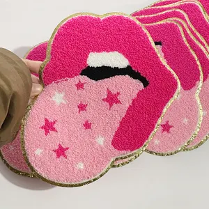 Mode Eisen auf Chenille Patches Kleidung Hoodie Pullover Big Lip Star Tongue Patch Bulk Pink Große Chenille Patches für Frauen