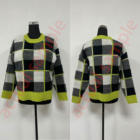 Pull tricoté pour femme à motif damier personnalisable, maille néon à carreaux, style mohair duveteux, tricot tendance