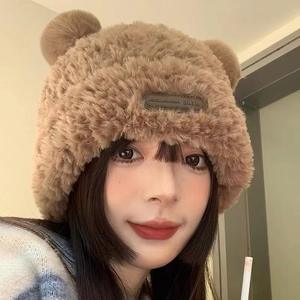 신상 따뜻한 니트 털모자 가을 겨울 여성용 빅사이즈 부드러운 귀여운 곰돌이 귀 모자 - Product Image 1