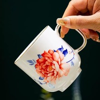 Set Teh Keramik Bunga Peony Berbingkai Emas Mewah 8 Buah, Set Cangkir Kopi dan Piring dari Fine Bone China, Hadiah Pernikahan untuk Pengantin, Kelas Atas