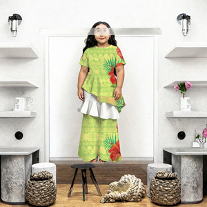 ชุดฮูลาฮาวายสำหรับผู้หญิงแบบใหม่ กระโปรงทรงเอ แขนสั้น เสื้อทูนิคแต่งระบาย กางเกงขายาวสีเขียวมะนาว ลายดอกชบา ทำจากโพลีเอสเตอร์ - Product Image 2