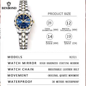 BINBOND 2521 B2521 Reloj de Cuarzo de Lujo para Mujer, Reloj de Pulsera de Acero Inoxidable Luminoso a Prueba de Agua con Correa de Cuero para Chicas y Hombres - Product Image 4